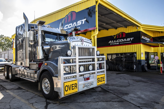 Truck parked outside All Coast Tyres Gympie workshop
