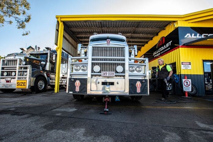 Kenworth truck being serviced at Allcoast Tyre Solutions workshop.
