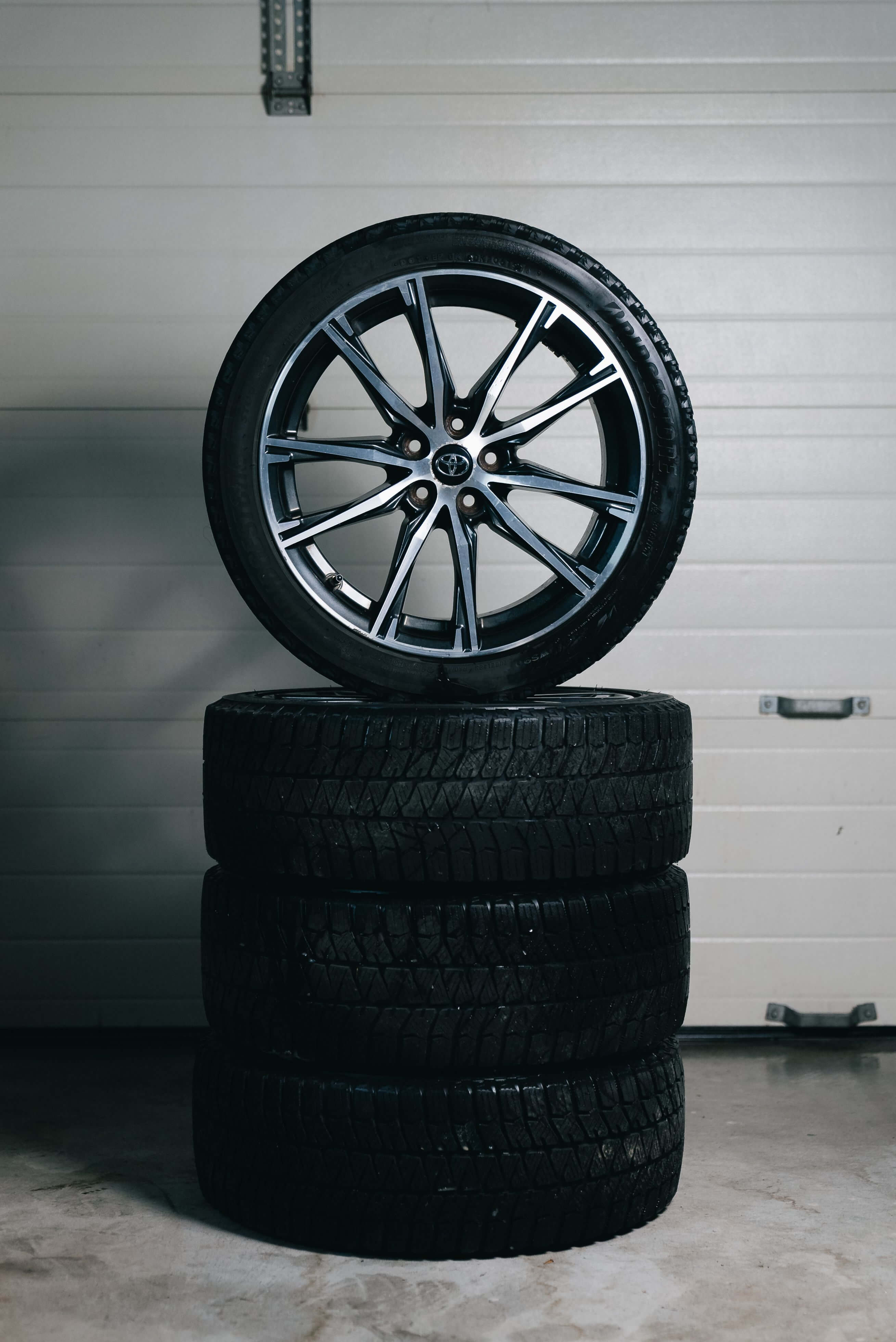 Car tyres stacked